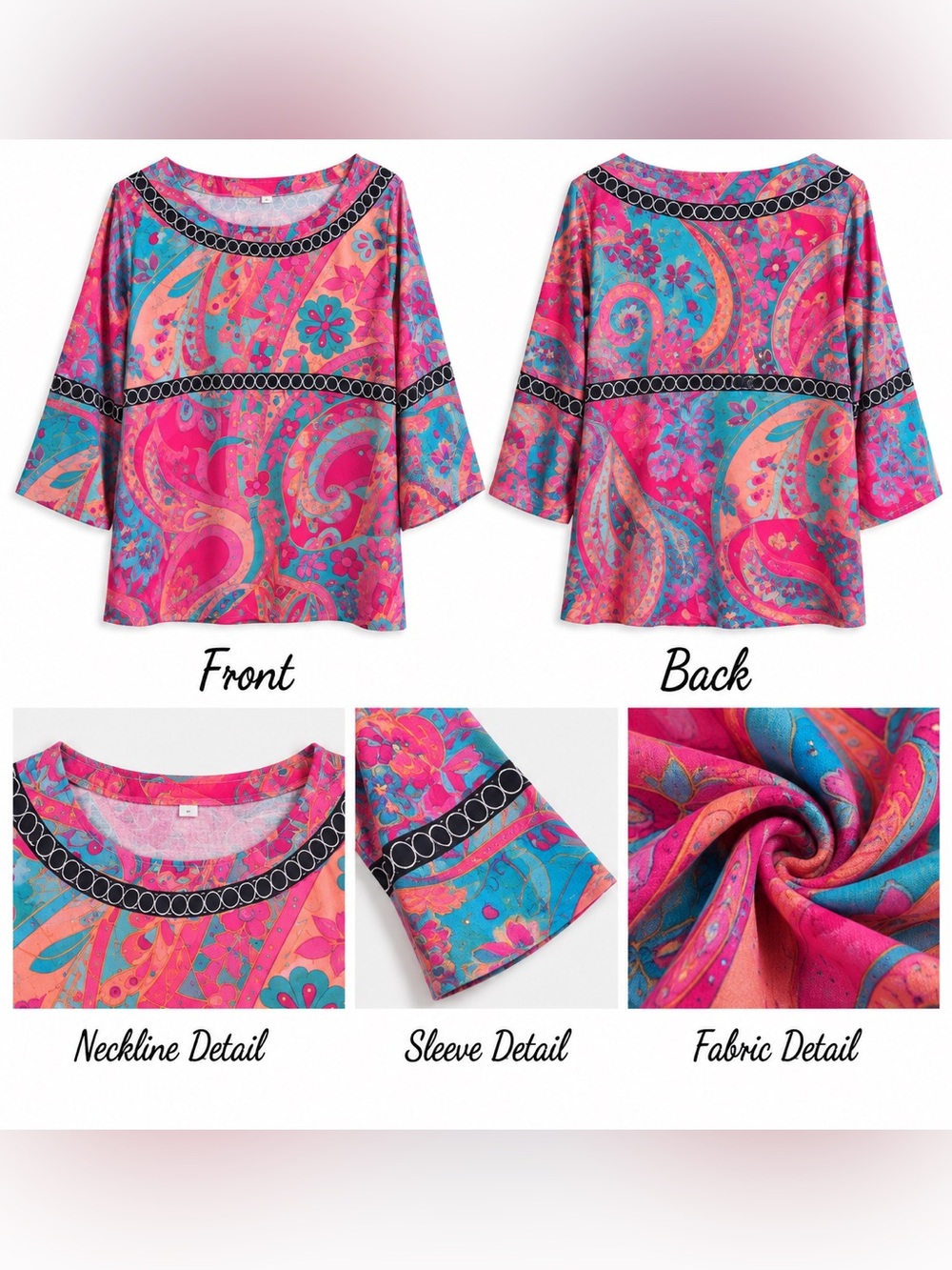 Vibrant Pink & Turquoise Paisley Boho Top SHEIN